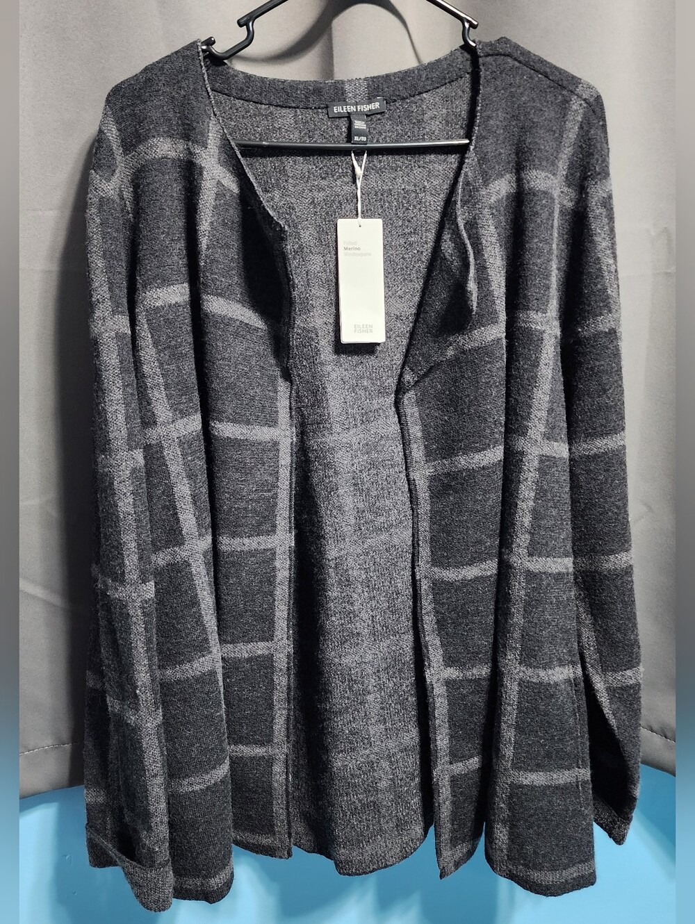 NWT Eileen Fisher Merino Wool Windowpane Grid Cardigan Jacket XL Grey $298